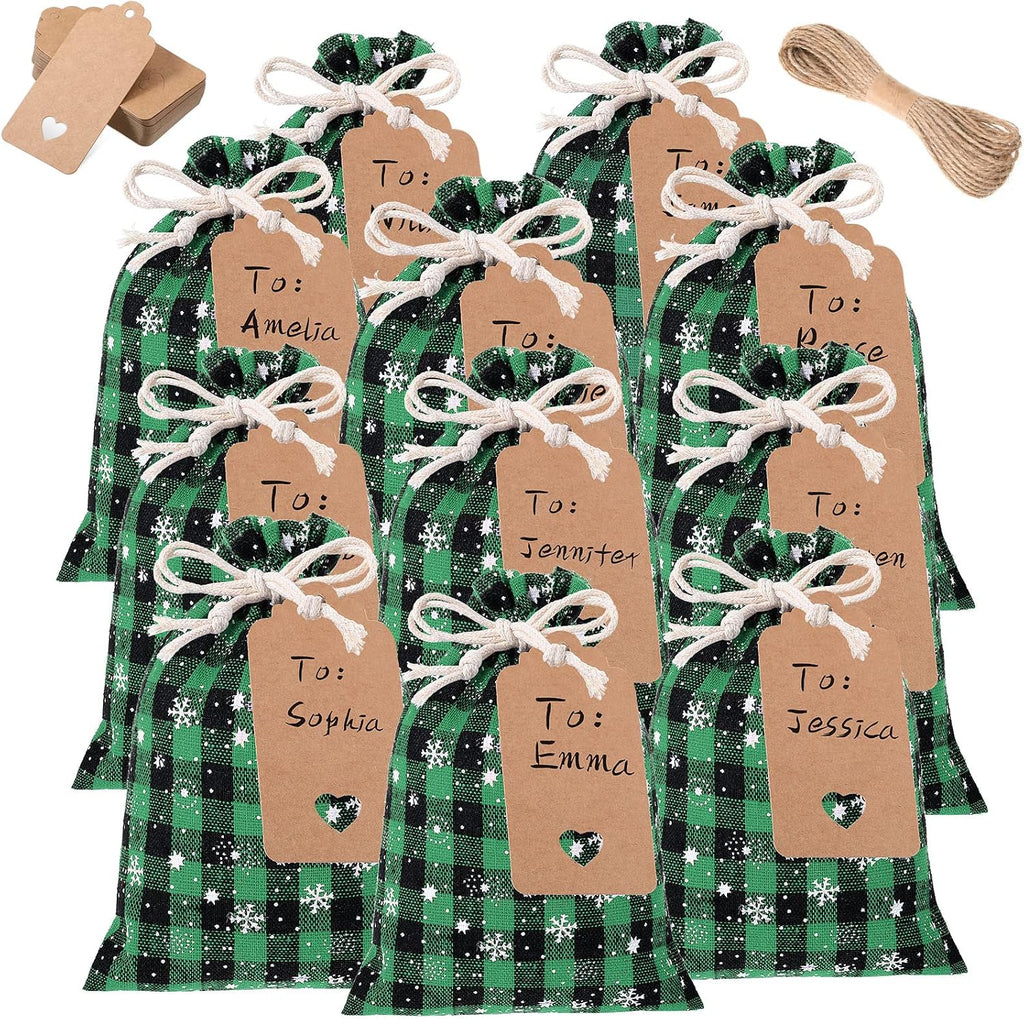 Shappy 24 Pcs Christmas Drawstring Gift Bags Xmas Buffalo Plaid Burlap Advent Bags 7 x 5 Inches Linen Treat Candy Bag with 32.8 ft Rope 24 Card(Black Green Snowflake)