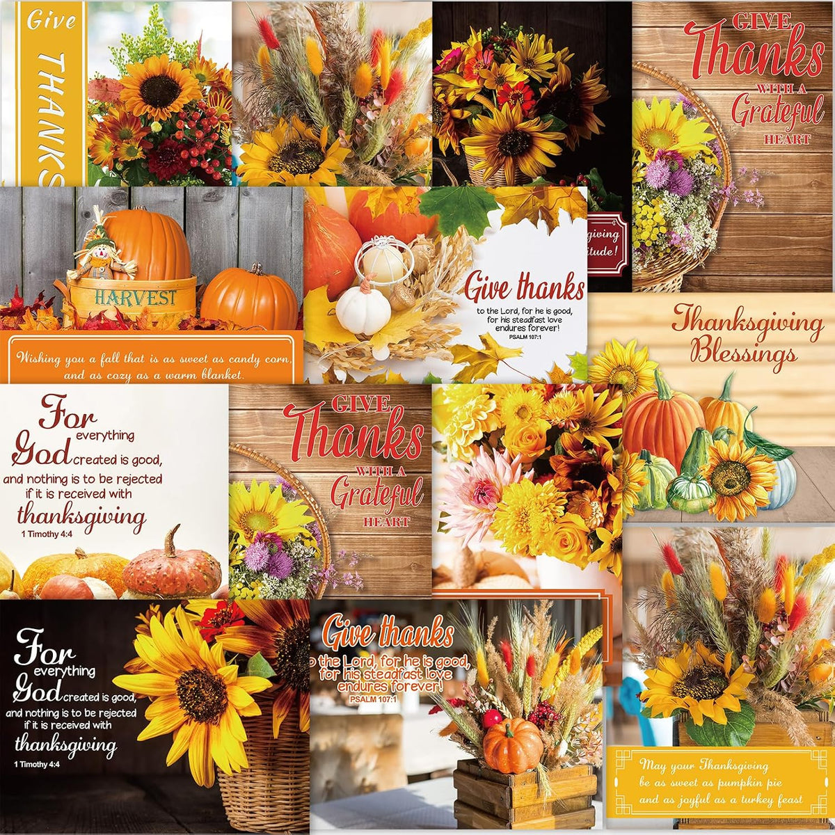 WorldBazaar Thanksgiving Greeting Cards with Scripture 24 Pcs Fall Religious Cards with Bible Verses Floral Thanksgiving Card Bulk Envelopes Assortment