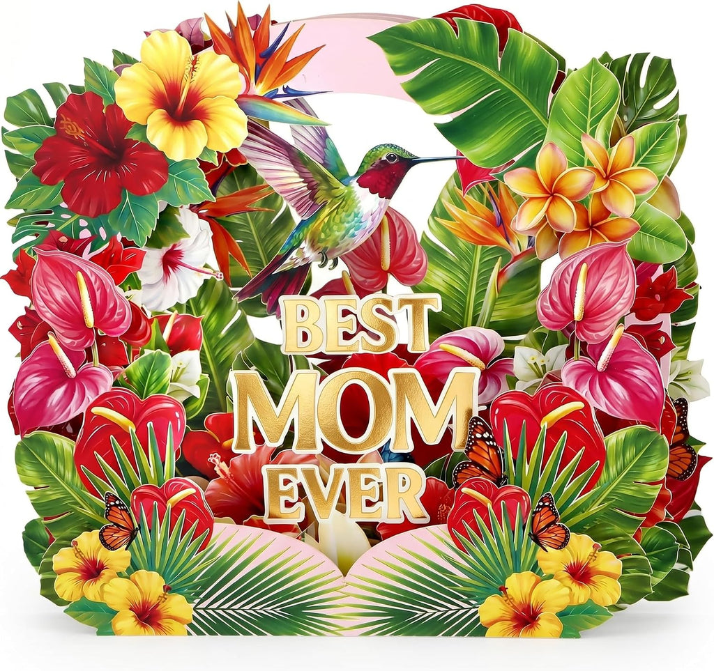 D4DREAM Pop Up Birthday Cards for Women, Tropical Hibiscus & Hummingbird