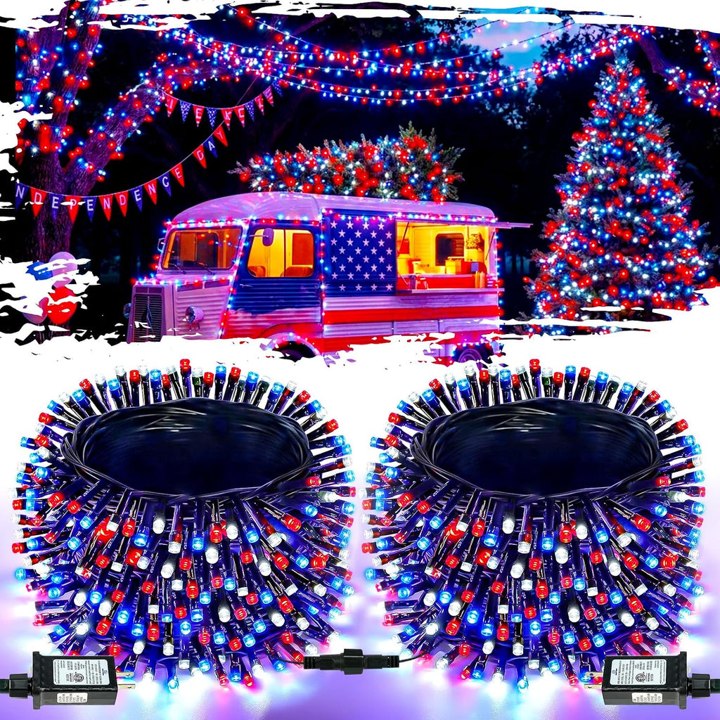 OZS Connectable 2Pack 164Ft 400LED 4th of July String Lights,Red White Blue