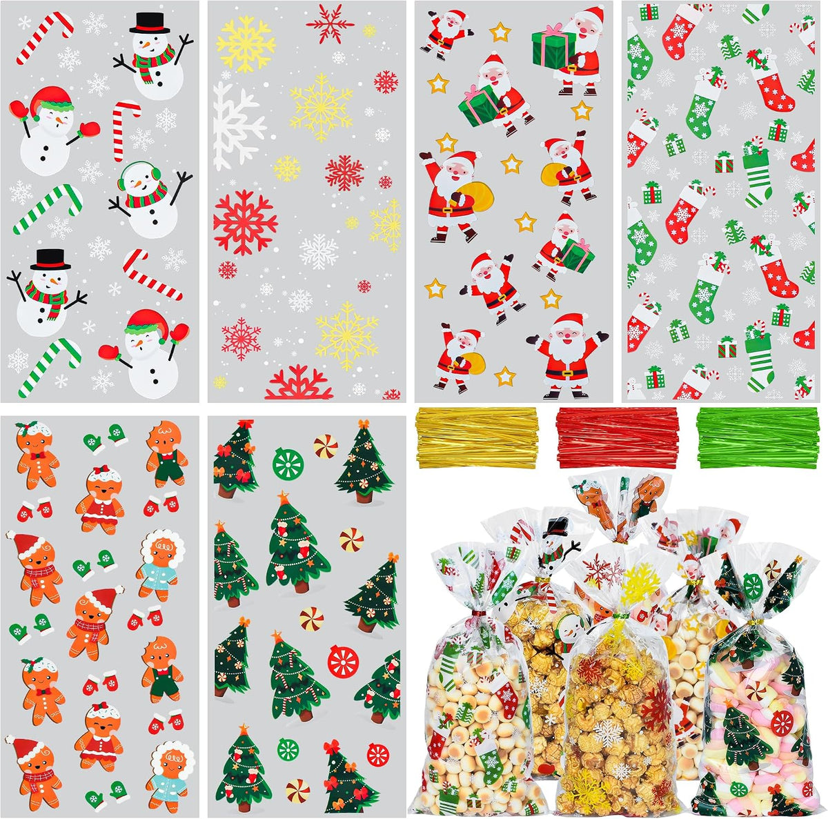Twavang 120 Pcs Christmas Cellophane Treat Bags