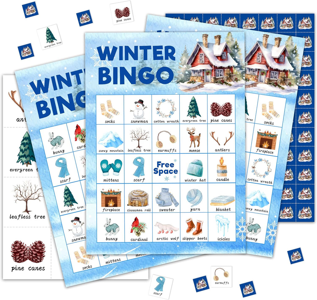 Winter Bingo Games for Family Friends, Christmas Bingo Games for Adults, Winter Xmas Party Decorations Supplies Favors, Merry Christmas Holiday Game Card for Indoor, 24 Players Game Cards -12