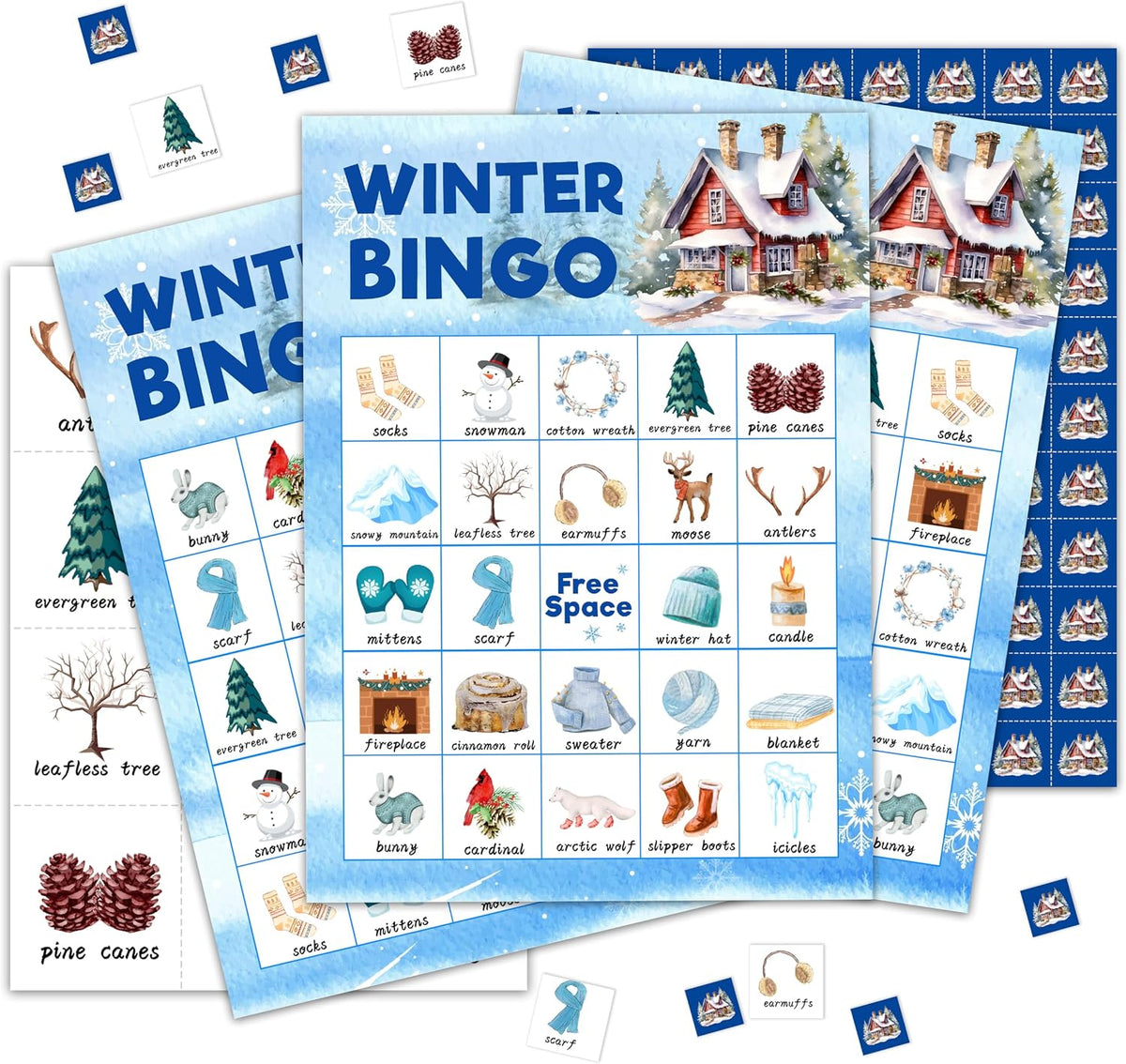 Winter Bingo Games for Family Friends, Christmas Bingo Games for Adults, Winter Xmas Party Decorations Supplies Favors, Merry Christmas Holiday Game Card for Indoor, 24 Players Game Cards -12