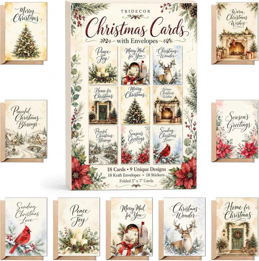 Christmas Cards with Envelopes, 18 Folded 5x7 Watercolor Holiday Cards Bulk