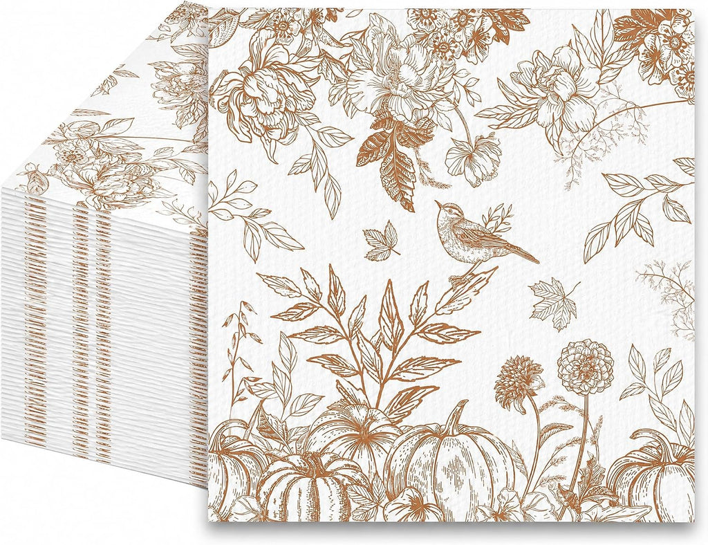 50 Pcs Autumn Floral Disposable Napkins, Elegant Gold Flower Bird Fruit & Japanese Branch Leaf Design Paper Napkins, Absorbent Table Napkins for Home Gathering, Thanksgiving & Fall Celebration