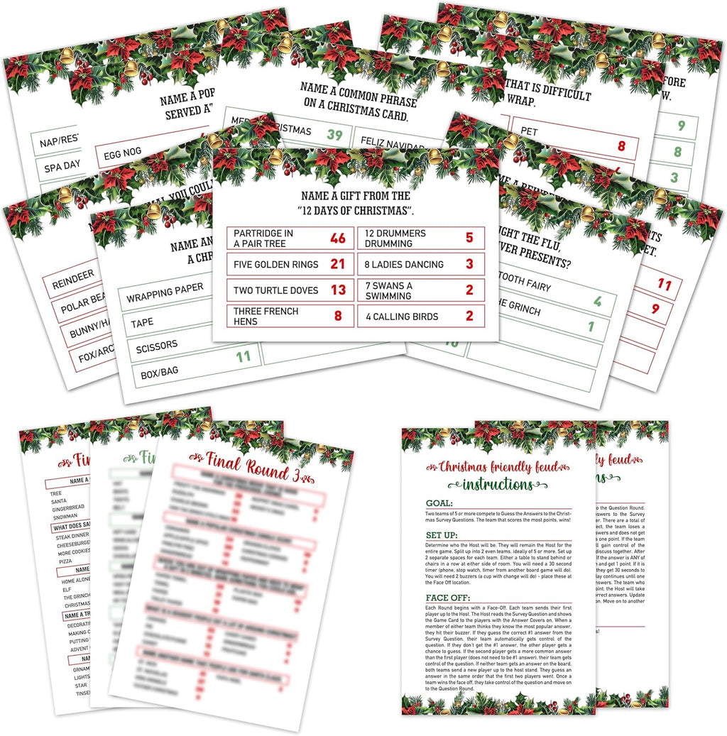 Christmas Games For Families, Christmas Friendly Feud Game, Holiday Games For Adults Large Group Party, Christmas Party Games, Christmas Trivia Card Games - a003