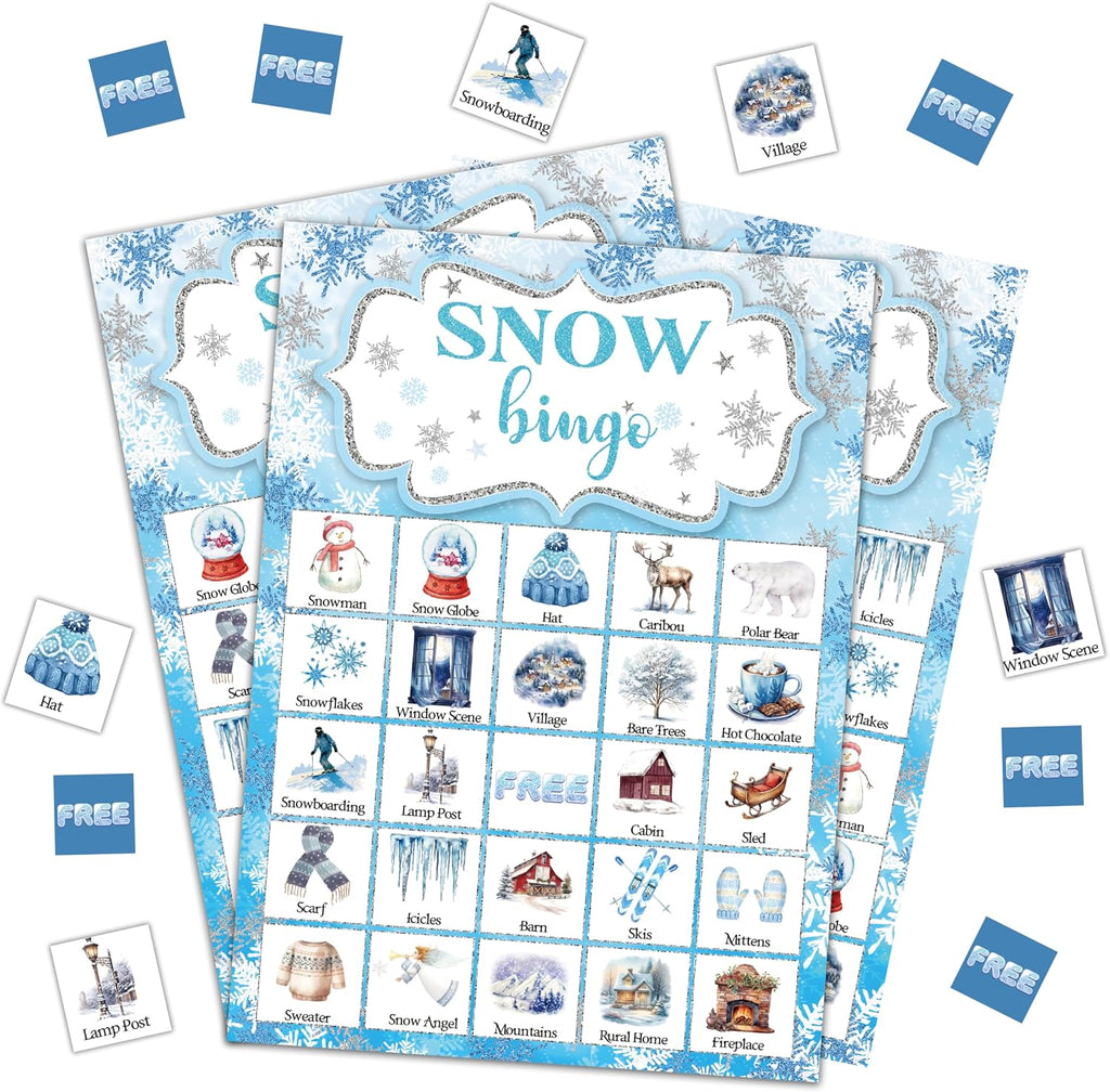 Snow Bingo Game, Christmas Party Games for Adults, Xmas Snowman Bingo Game Cards for Large Group Family Friends Activities, Winter Holiday Party Decor Supplies, 08