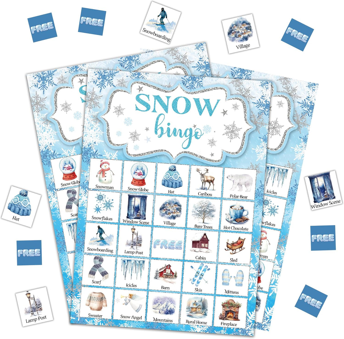 Snow Bingo Game, Christmas Party Games for Adults, Xmas Snowman Bingo Game Cards for Large Group Family Friends Activities, Winter Holiday Party Decor Supplies, 08