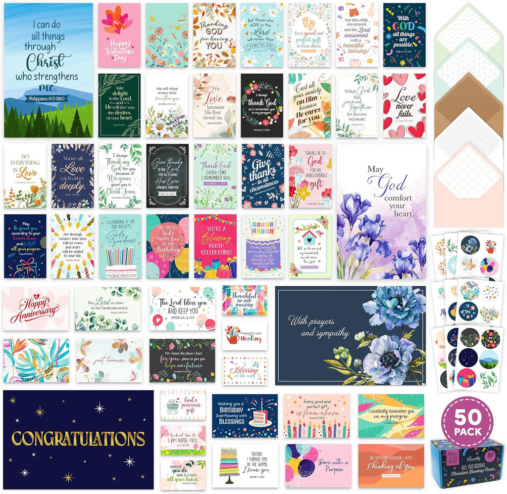 Decorably Christian Greeting Cards Assortment Box, 50 Pack, All Occasion