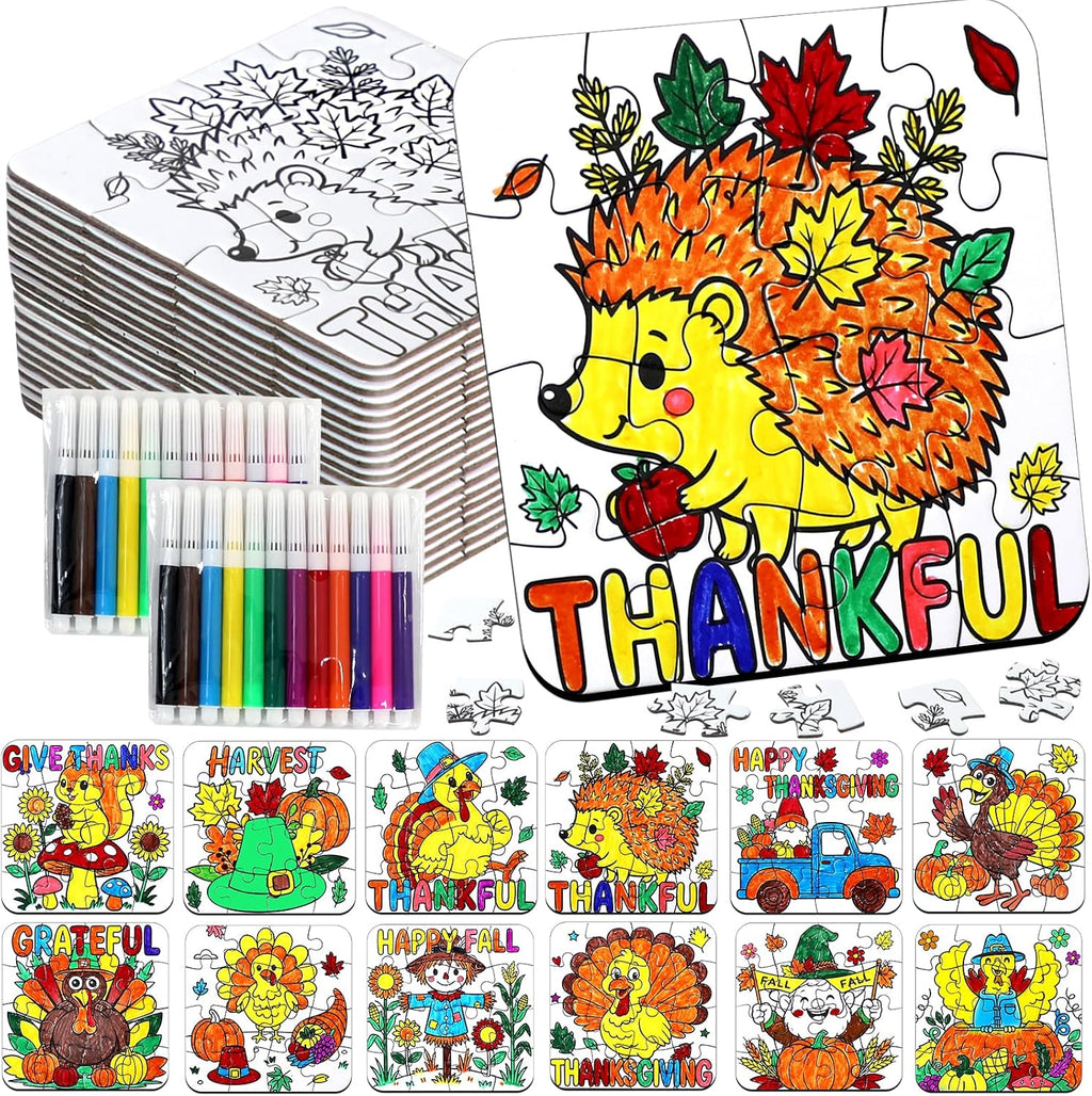 24Set Fall Thanksgiving Crafts for Kids Toddlers Adults, Thanksgiving Art Craft DIY Kit Blank Puzzle Pumpkin Turkey, Autumn Classroom Activities for Party Favors Gift Coloring Games Toys Supplies Bulk