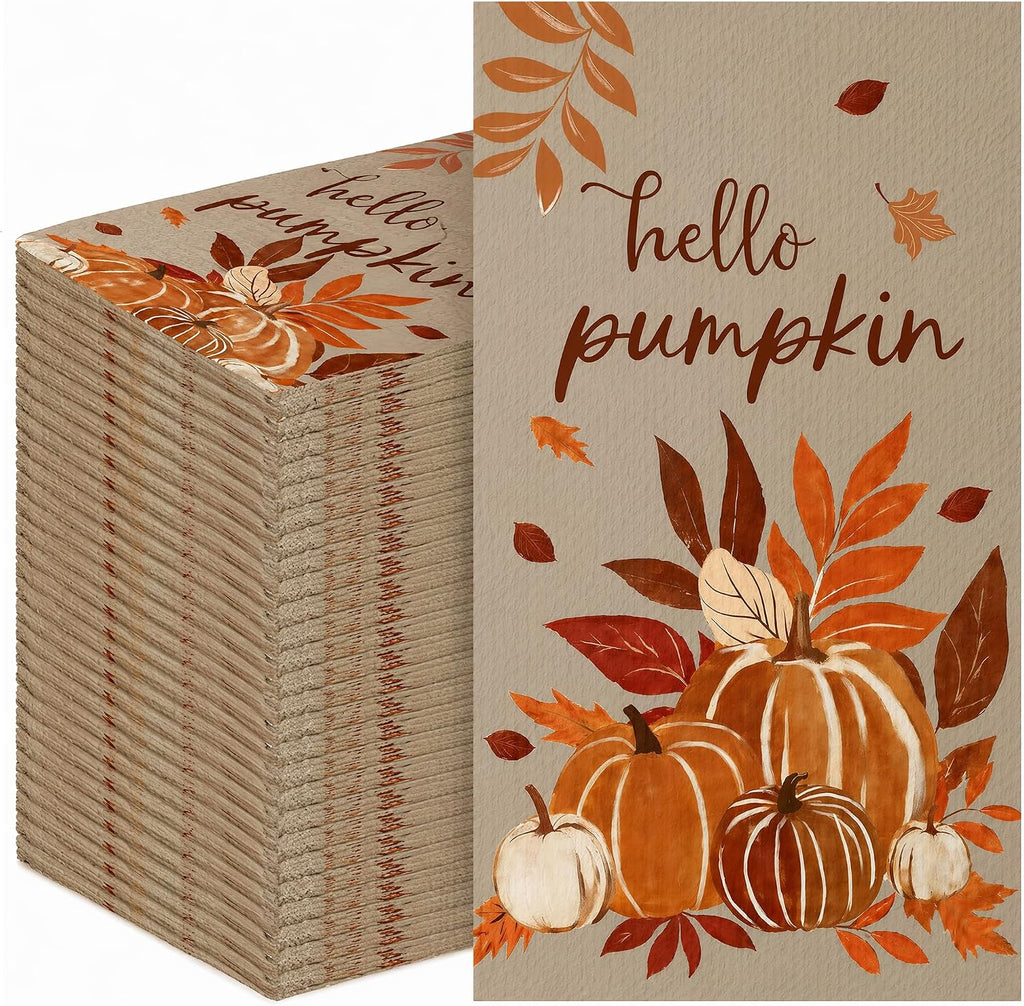 100pcs Fall Pumpkins Disposable Paper Napkins 2-Ply Absorbent Thanksgiving Harvest Autumn Dinner Guest Towels for Fall Party Bathroom Table Decor