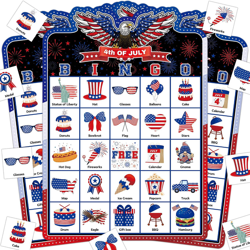 Joy Bang 4th of July Games for Kids Adults, Bingo Card Game for 24 Player Fourth of July Independence Day Patriotic Crafts Activities Games for Family Large Group Party Favors Supplies Gifts for Kids