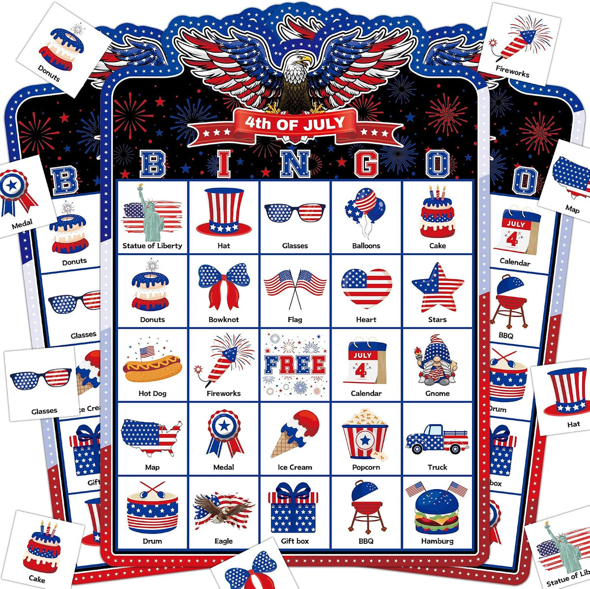 Joy Bang 4th of July Games for Kids Adults, Bingo Card Game for 24 Player Fourth of July Independence Day Patriotic Crafts Activities Games for Family Large Group Party Favors Supplies Gifts for Kids