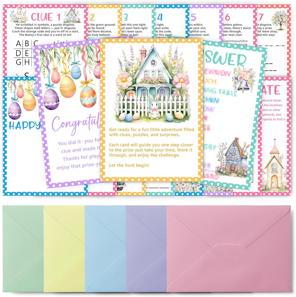 Easter Scavenger Hunt Games, Easter Treasure Hunt Clues Game Cards, Family Party Games for Kids and Adults, Holiday Party Game for Activities Decorations Supplies, 5x7 Inch (Indoor)-A03