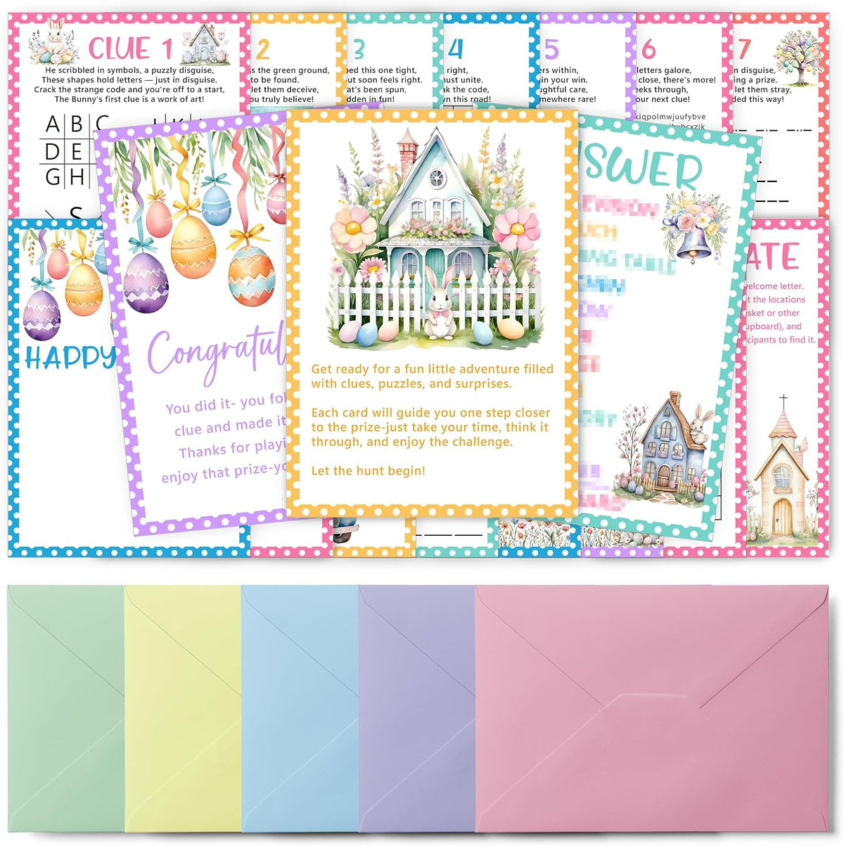 Easter Scavenger Hunt Games, Easter Treasure Hunt Clues Game Cards, Family Party Games for Kids and Adults, Holiday Party Game for Activities Decorations Supplies, 5x7 Inch (Indoor)-A03