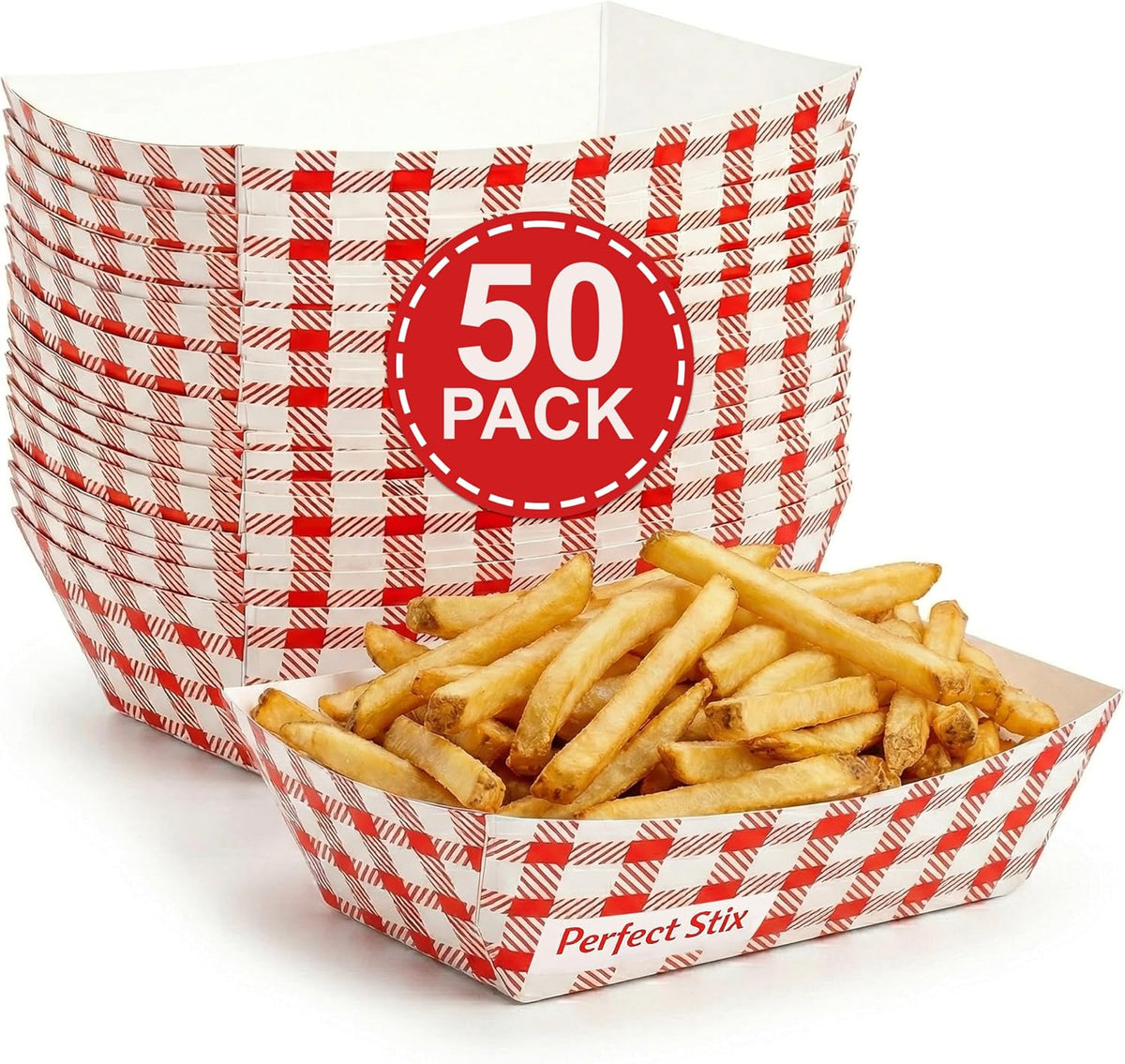 Perfect Stix- 2 lb Checkered Paper Food Trays – Pack of 50 – Disposable Red Check Food Boats for Fries, Burgers, Hot Dogs & Concession Snacks – Grease Resistant Food Service Tray