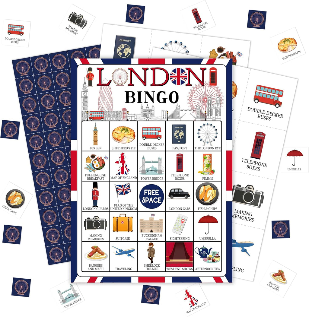 London Bingo Games, Travel Trip Bingo Cards, England Theme Party Game for Adults Family, Christmas Party Activities, 24 Bingo Sets, A003