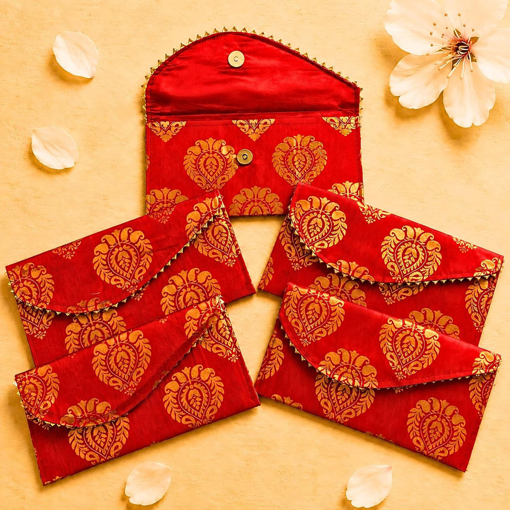 LoveNspire Brocade Fabric Money Envelopes (8 x 4 Inch) Decorative Floral Pattern Shagun Lifafa for Indian Wedding, Birthday | Cash Gift Holder & Home Savings Organizer Red/Pack of 10