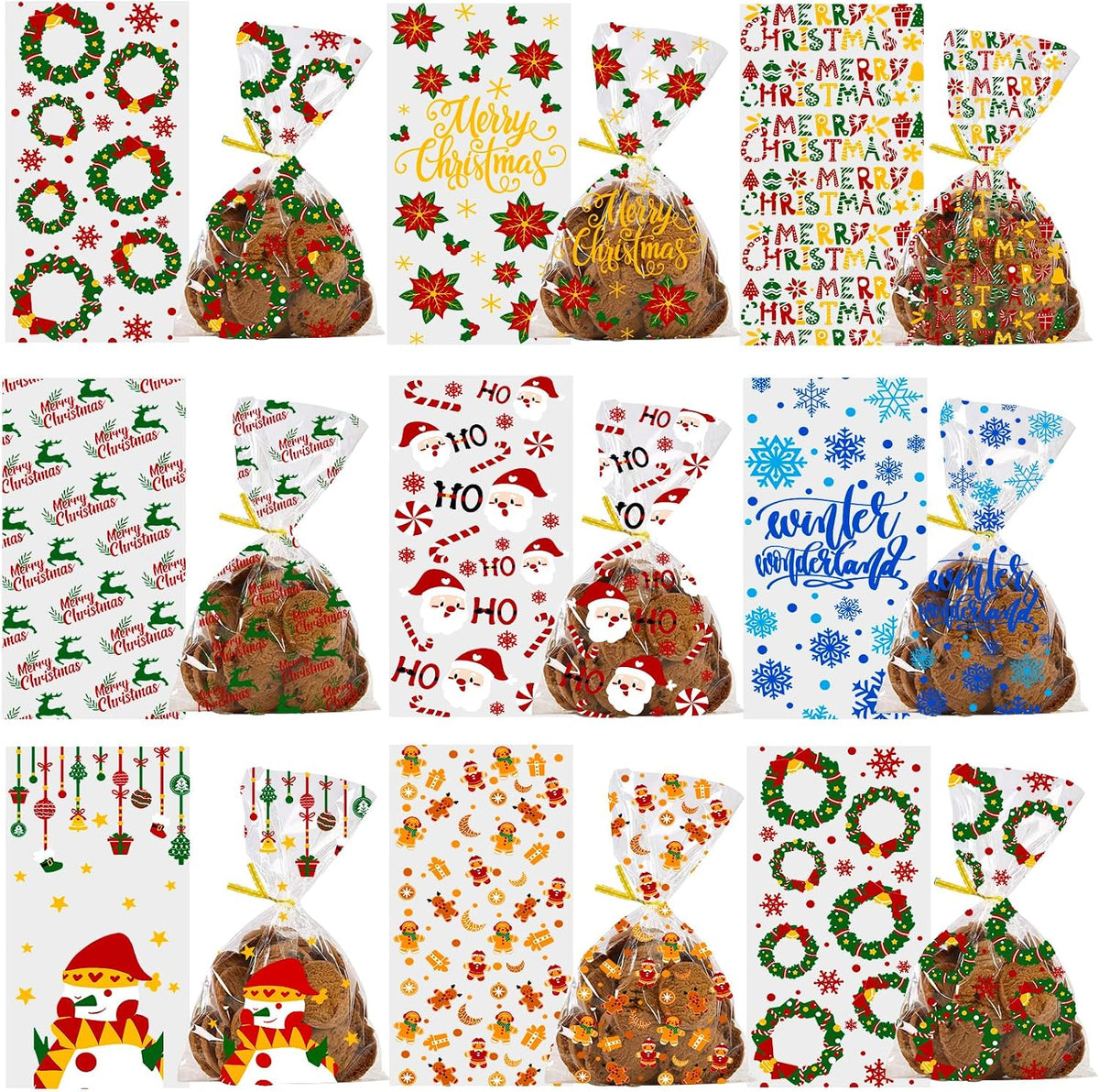 DULEFUN 160PCS Christmas Cellophane Treat Bags 8 Styles with Twist Ties
