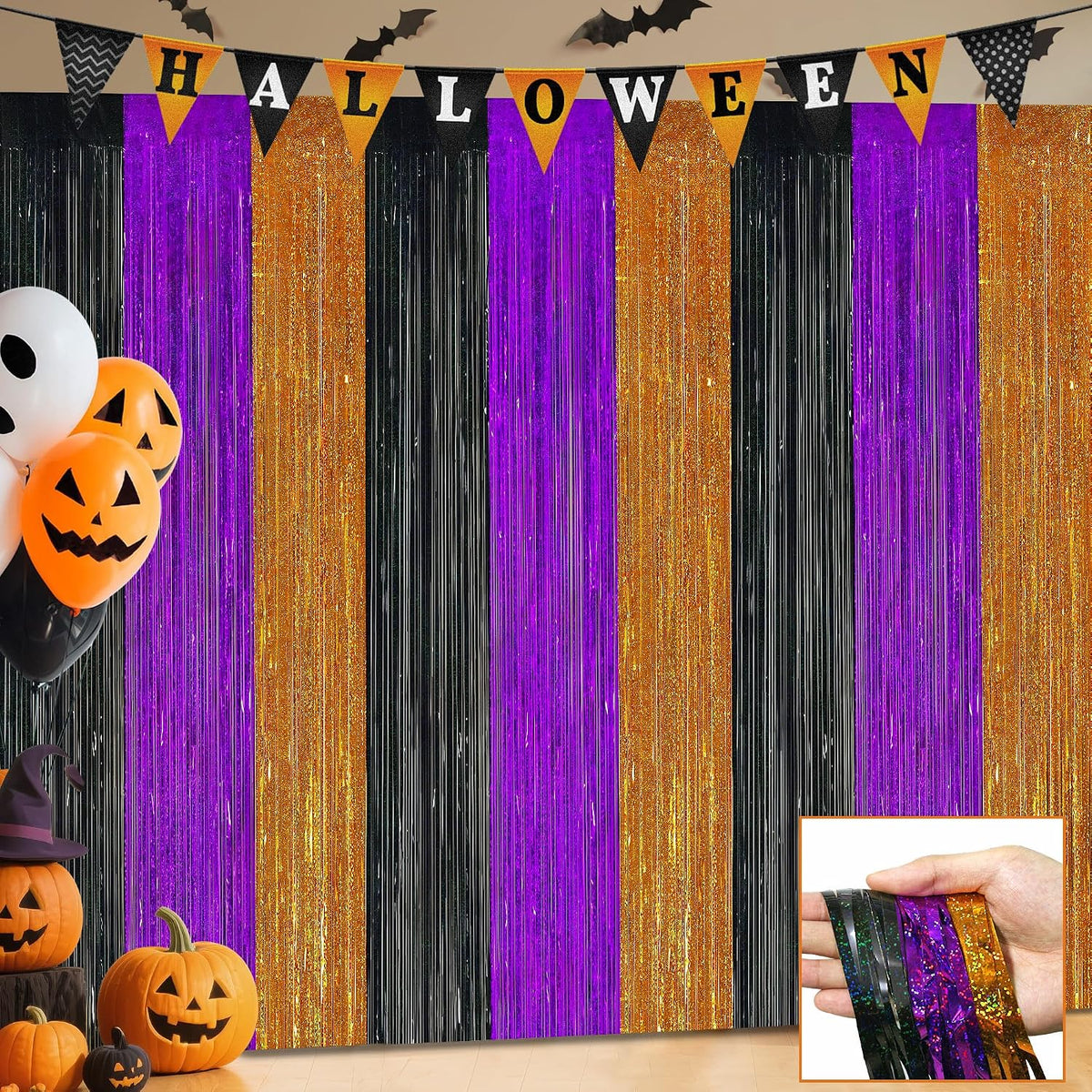 Halloween Party Decorations, 3 Pack Glittery Halloween Foil Fringe Curtains 3.3 X 6.6 ft, Orange Purple Black Tinsel Party Backdrop Photo Booth Props Streamers Birthday Party Supplies