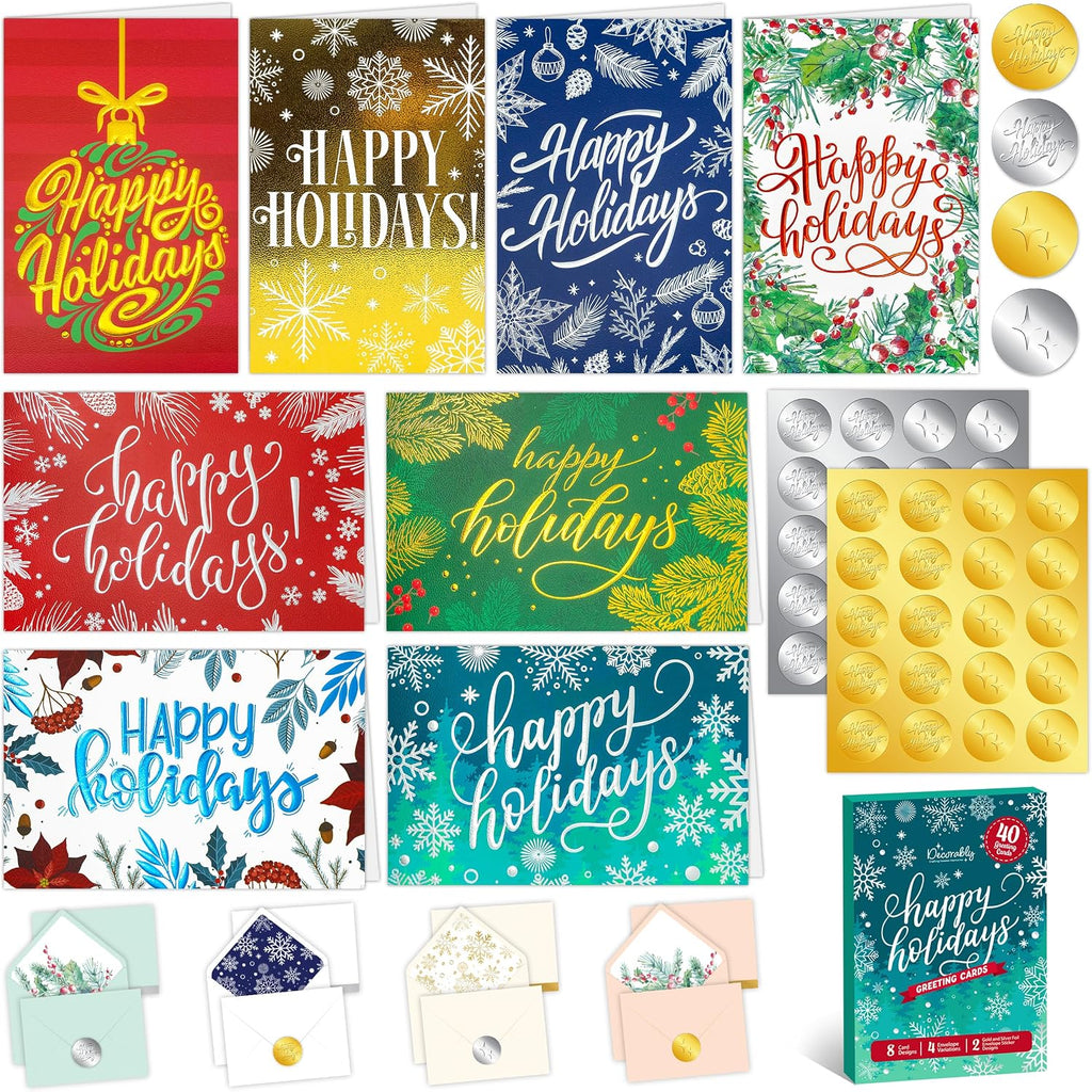Decorably 40 Pack Foil Embossed 5x7in Assorted Holiday Cards Bulk