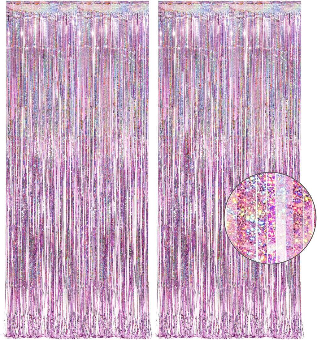 Pink Tinsel Curtain Party Backdrop - GREATRIL Foil Fringe Curtain Lilac Pink Party Streamers for Princess Theme Party Decorations - 2 Packs