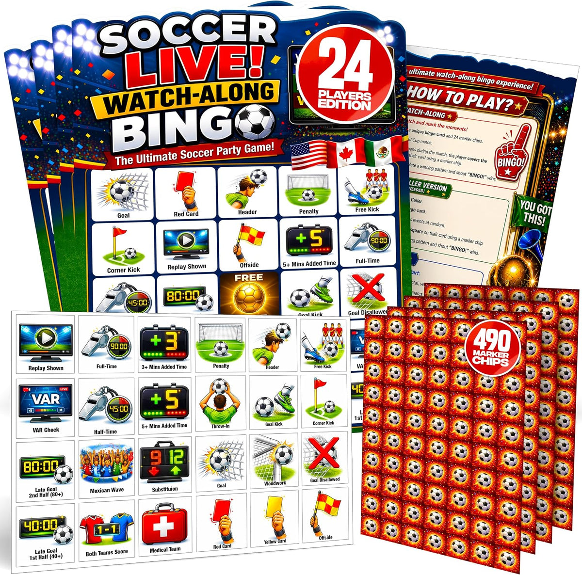 Soccer Bingo Game 24 Players - 2026 Soccer Watch Party, 470 Chips
