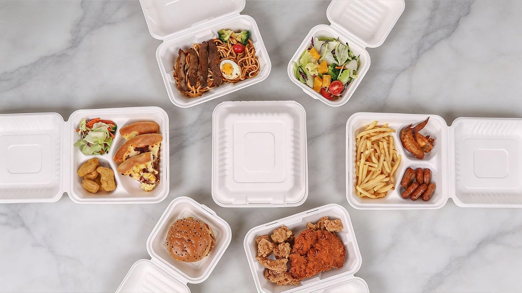 Lucklot 100 Pack 8×9 Inch 3-Compartment Compostable Bagasse Food Containers