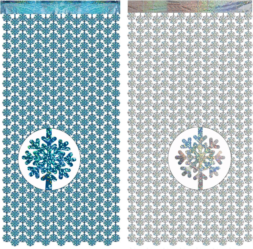 Silver Blue Snowflake Fringe Curtain -3.2ft x 6.5ft - 2 Pack