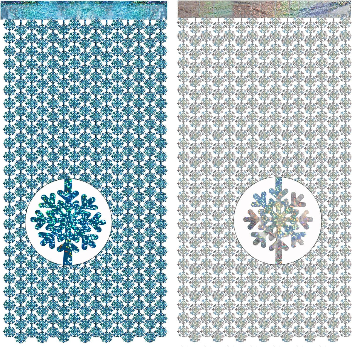 Silver Blue Snowflake Fringe Curtain -3.2ft x 6.5ft - 2 Pack