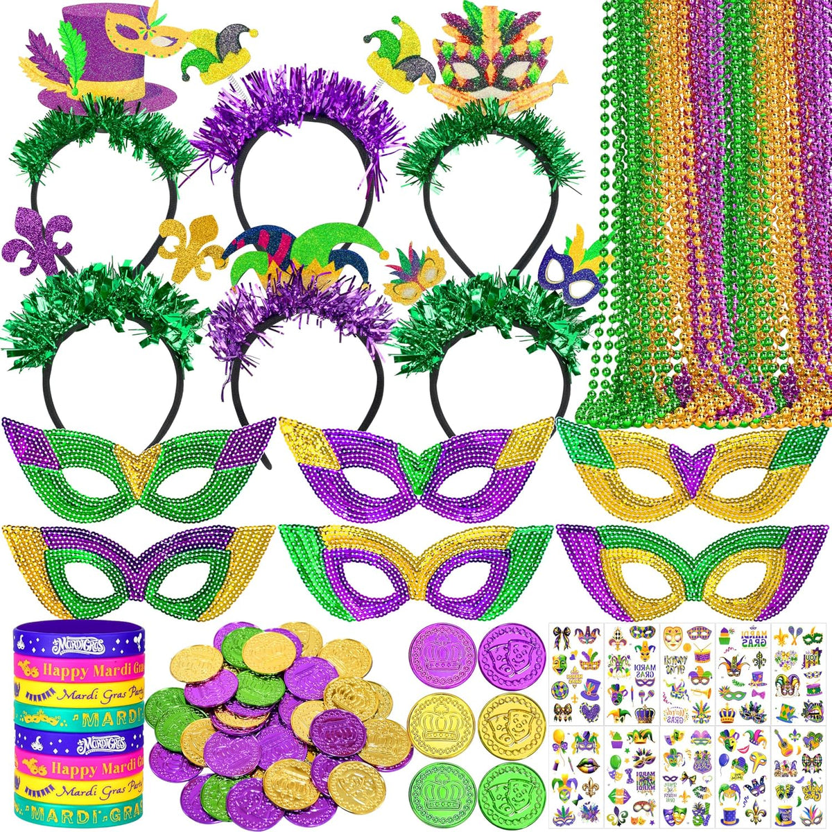 Seifar 172 Pcs Mardi Gras Accessories Set, Purple Green Gold Mardi Gras Beads Necklaces Coins Headbands Bracelets Tattoos for Mardi Gras Masquerade Parade Decor Party Favors Supplies