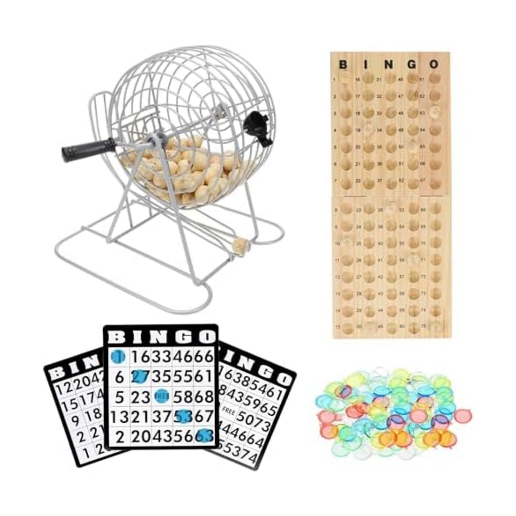 WE Games Retro Bingo Game Set with Metal Rotary Cage, Deluxe Wooden Master Board, Wood Balls, Party Games for Families, Fairs, and Churches