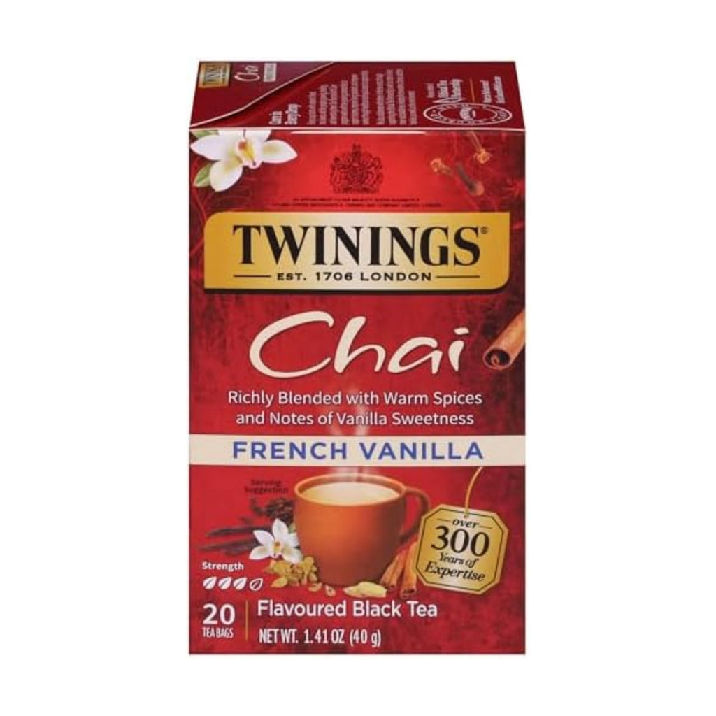 Twinings French Vanilla Chai Black Tea Individually Wrapped Bags, 20 Count (Pack of 1), Warm, Sweet & Spicy, Caffeinated, Enjoy Hot or Iced, 20 Teabags