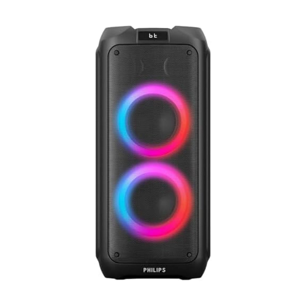 Philips Bluetooth Party Speaker, 120W Powerful Sound with Dynamic Bass Boost, 10 RGB Light Modes, Karaoke Mic & Guitar Inputs, FM Radio, USB/TF/AUX Playback, Portable Handle, Remote Control (Cordless)