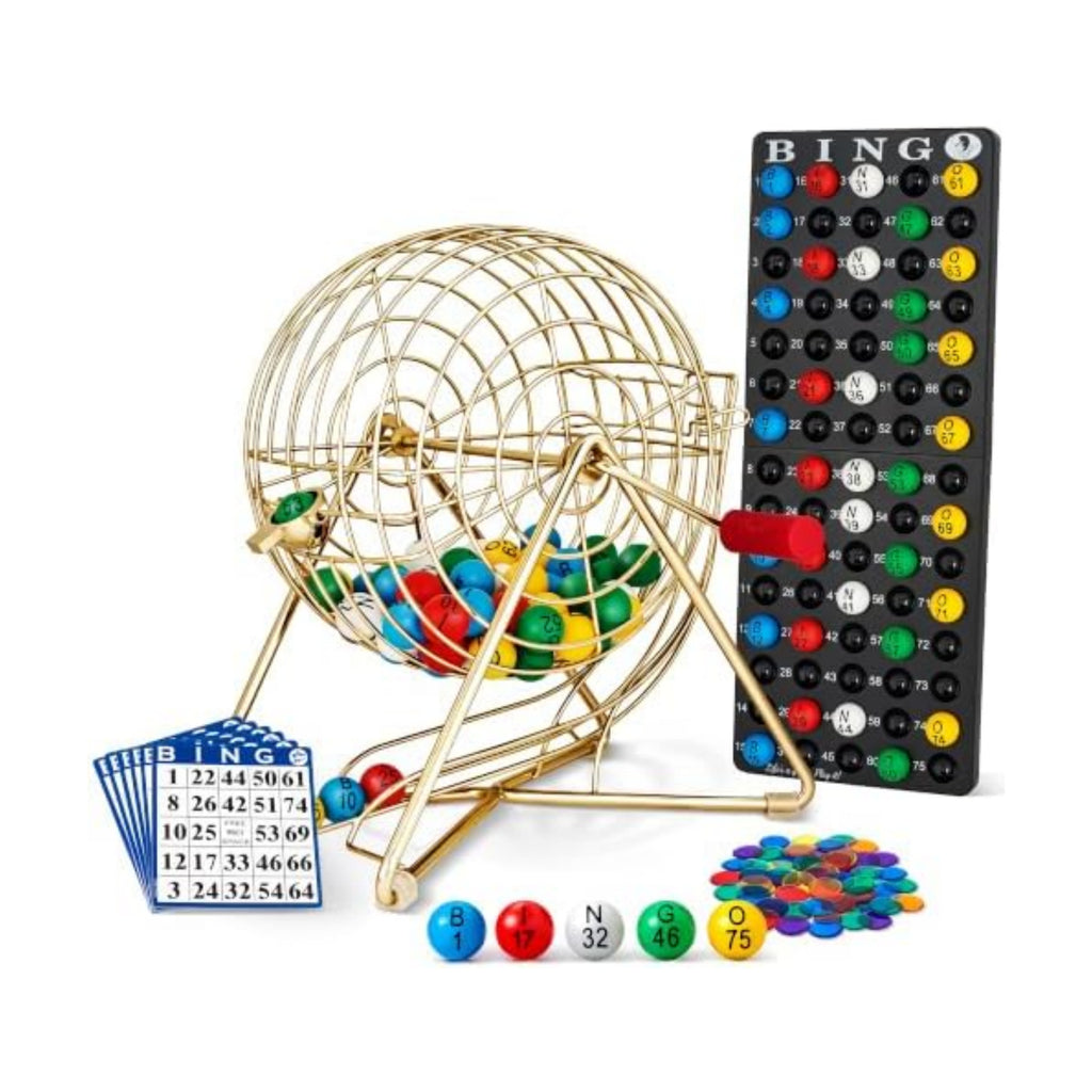 MR CHIPS 11" Tall Bingo Set with Steel Cage Professional Game Everlasting 7/8” Balls, 18 Cards and 300 Chips - Luxury Gold Color