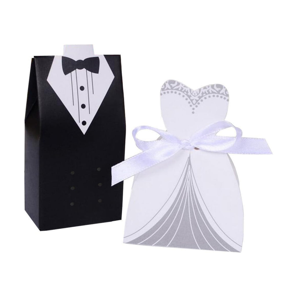 Rbenxia Wholesale Wedding Favors Wedding Party Favor Boxes Creative Tuxedo Dress Groom Bridal Candy Gift Box with Ribbon 100pcs