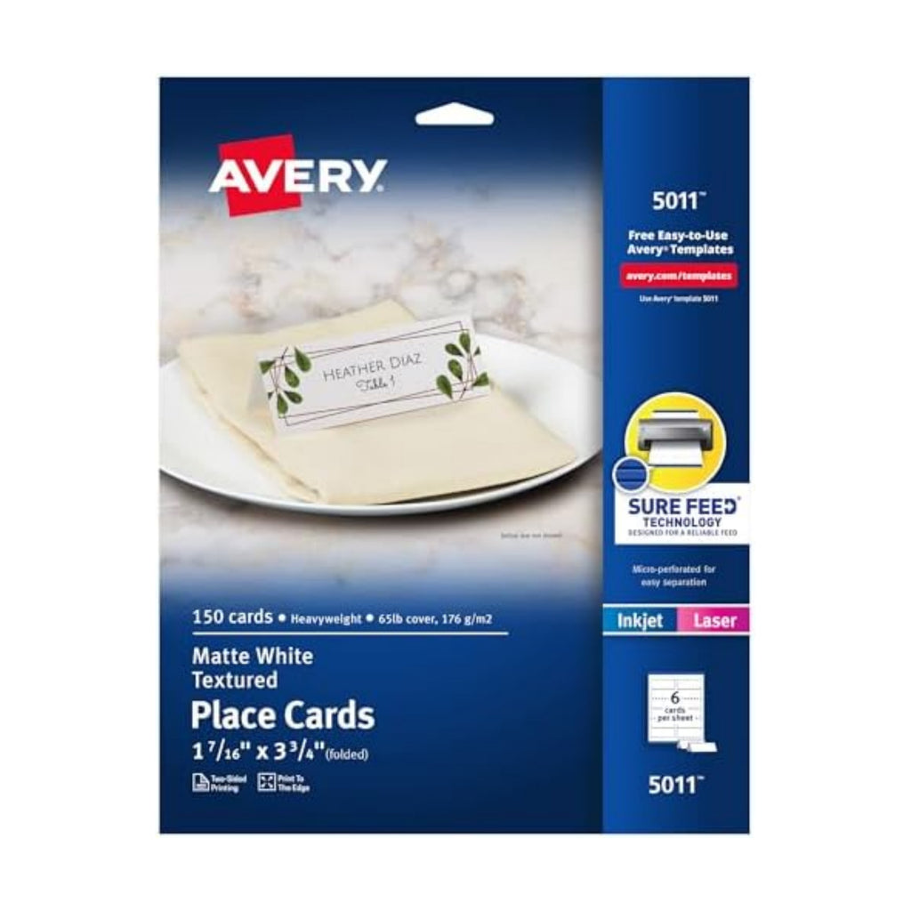 Avery Printable Place Cards, Sure Feed Technology, 1-7/16" x 3-3/4", Matte White, Laser & Inkjet Compatible, 150 Blank Tent Cards Total (5011)