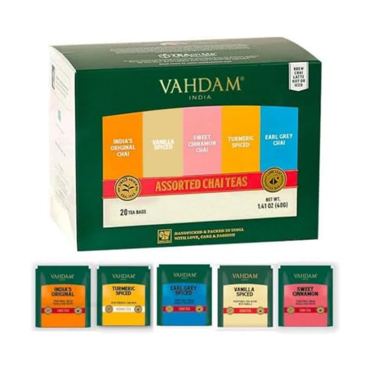VAHDAM, Assorted Chai Tea Bags Sampler (5 Flavors, 20 Ecofriendly Pyramid Tea bags) I Gift Ideas for Women & Men | Masala Chai Tea Varieties from India | Gluten Free & Non GMO | Gifts for Him/Her
