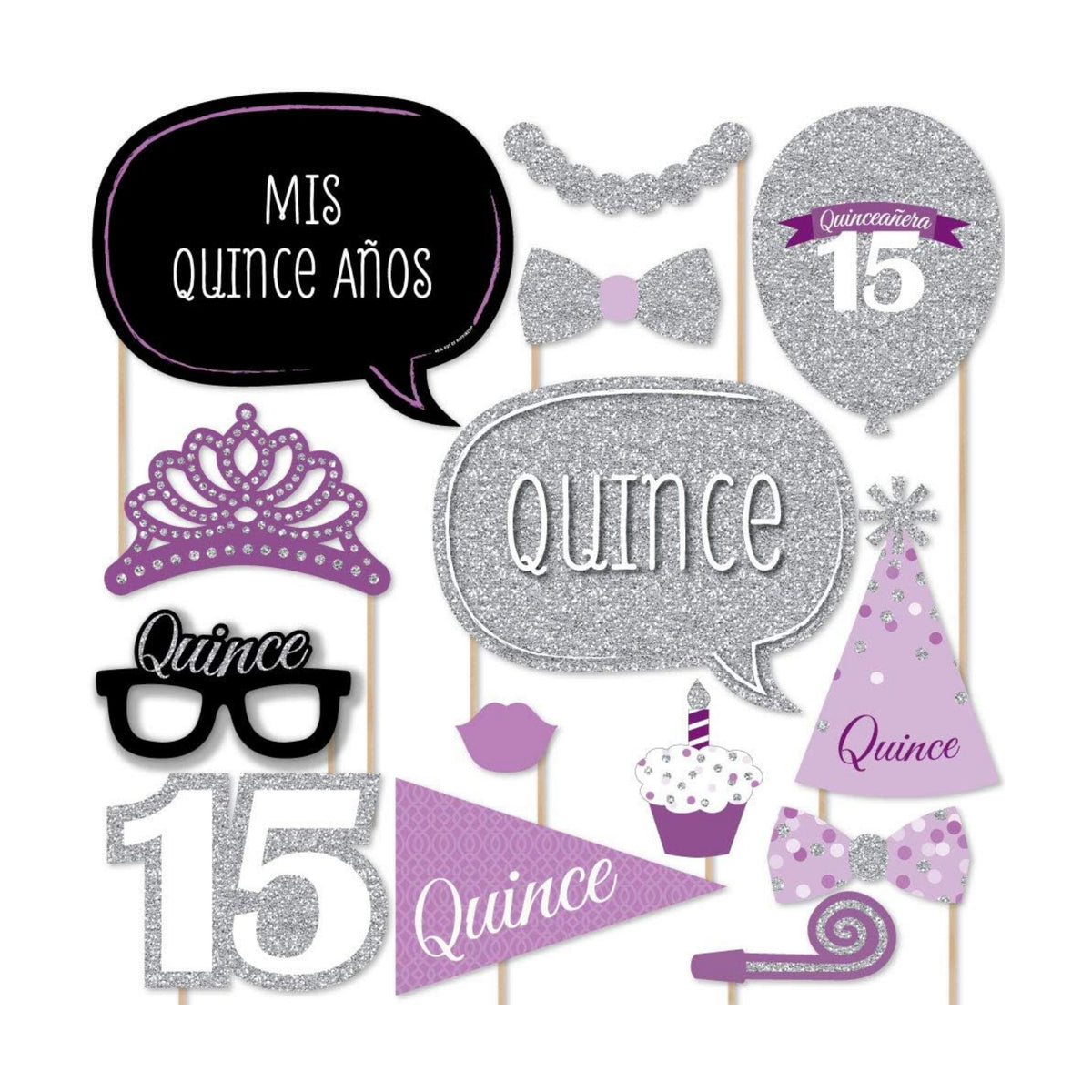 Quinceanera Purple - Sweet 15 Photo Booth Prop Kit, DIY Props - 20pc