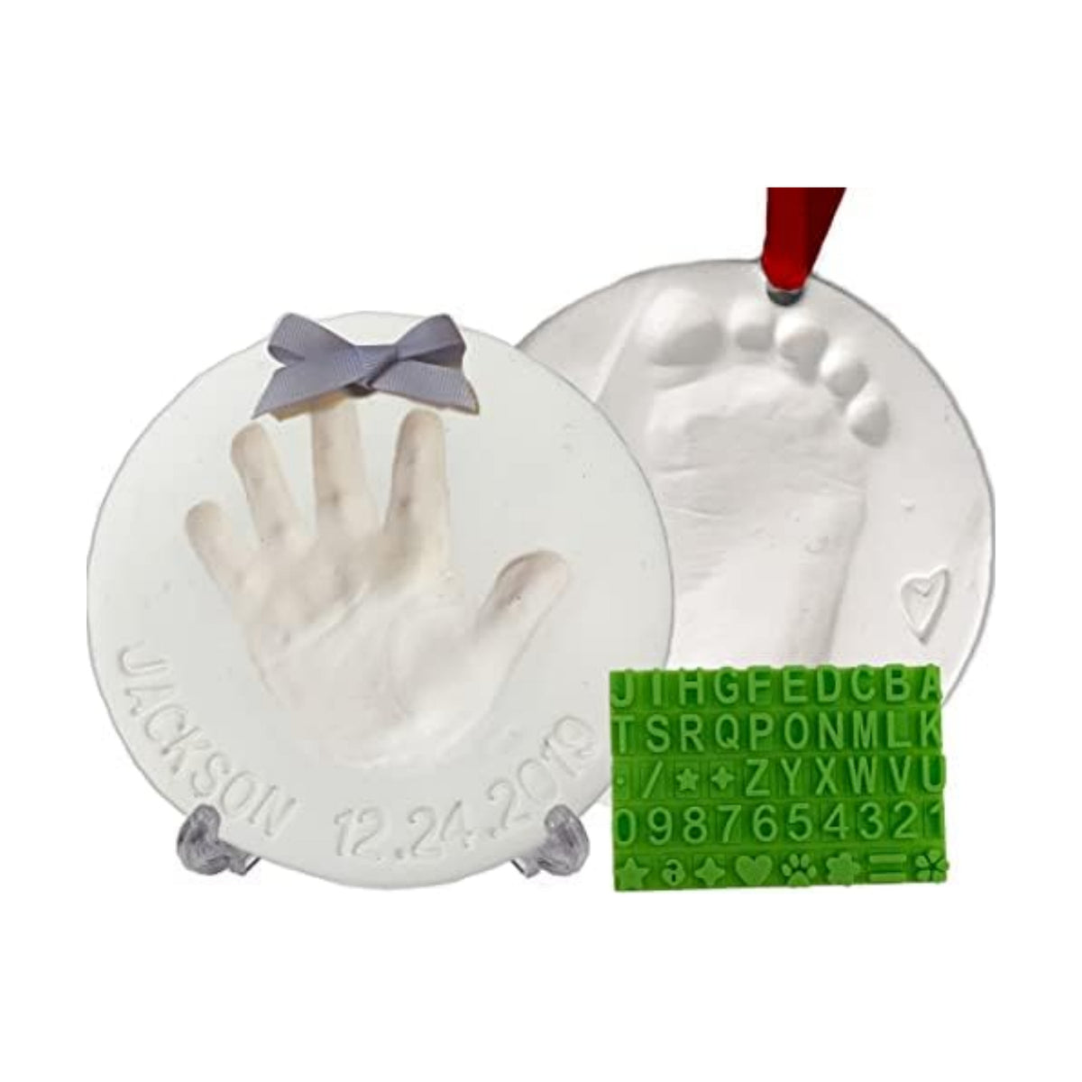 Baby Handprint Footprint Keepsake Ornament Kit (Makes 2) - Bonus Stencil for Personalized Christmas, Newborn, New Mom & Shower Gifts. 2 Easels! Non-Toxic Clay, Air-Dries Light & Soft, Won't Crack.
