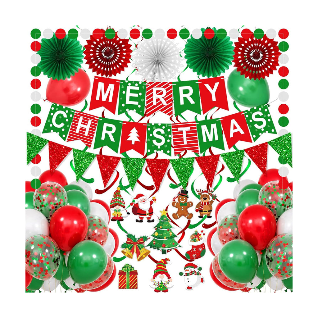 Fecedy MERRY CHRISTMAS Hanging Paper Banner Paper flower Fan Swirl Streamers Triangular Bunting Circle garland latex balloons Claus Banner For Merry Christmas Party Decorations