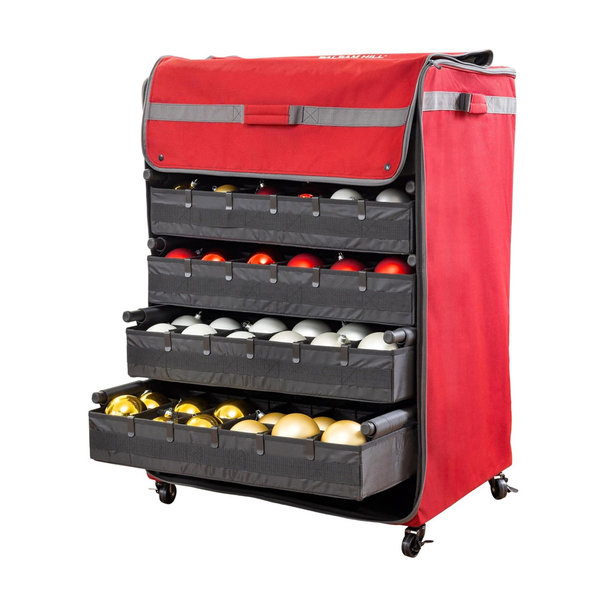 Balsam Hill Deluxe Rolling Ornament Chest - 120pc Christmas Decoration Storage with Dividers & Trays