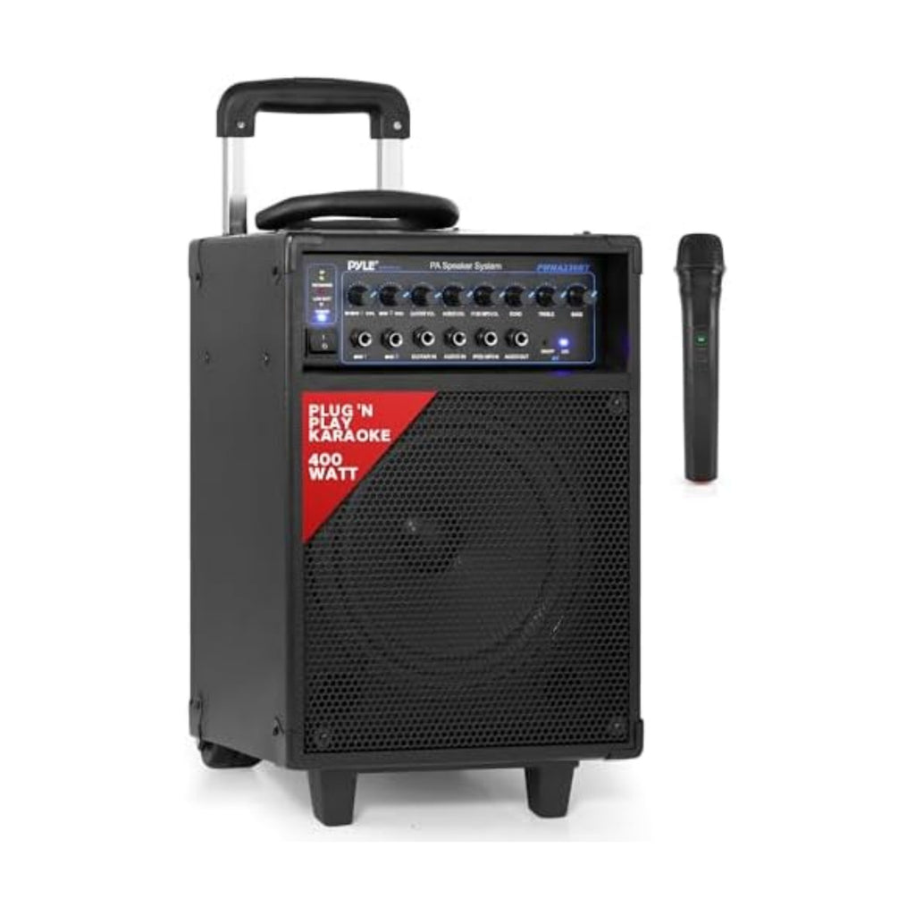 Pyle Wireless Portable PA System-400W Bluetooth Compatible Rechargeable Battery Powered Outdoor Sound Stereo Speaker Microphone Set w/Handle, Wheels-1/4 to AUX, RCA Cable (PWMA230BT)