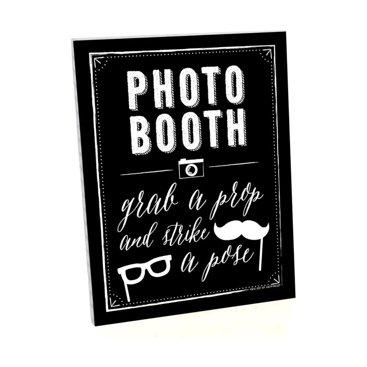 Big Dot of Happiness Photo Booth Sign with Stand – Festive & Durable Plastic Display – Indoor & Outdoor Party Decoration – 10.5” x 13.75”