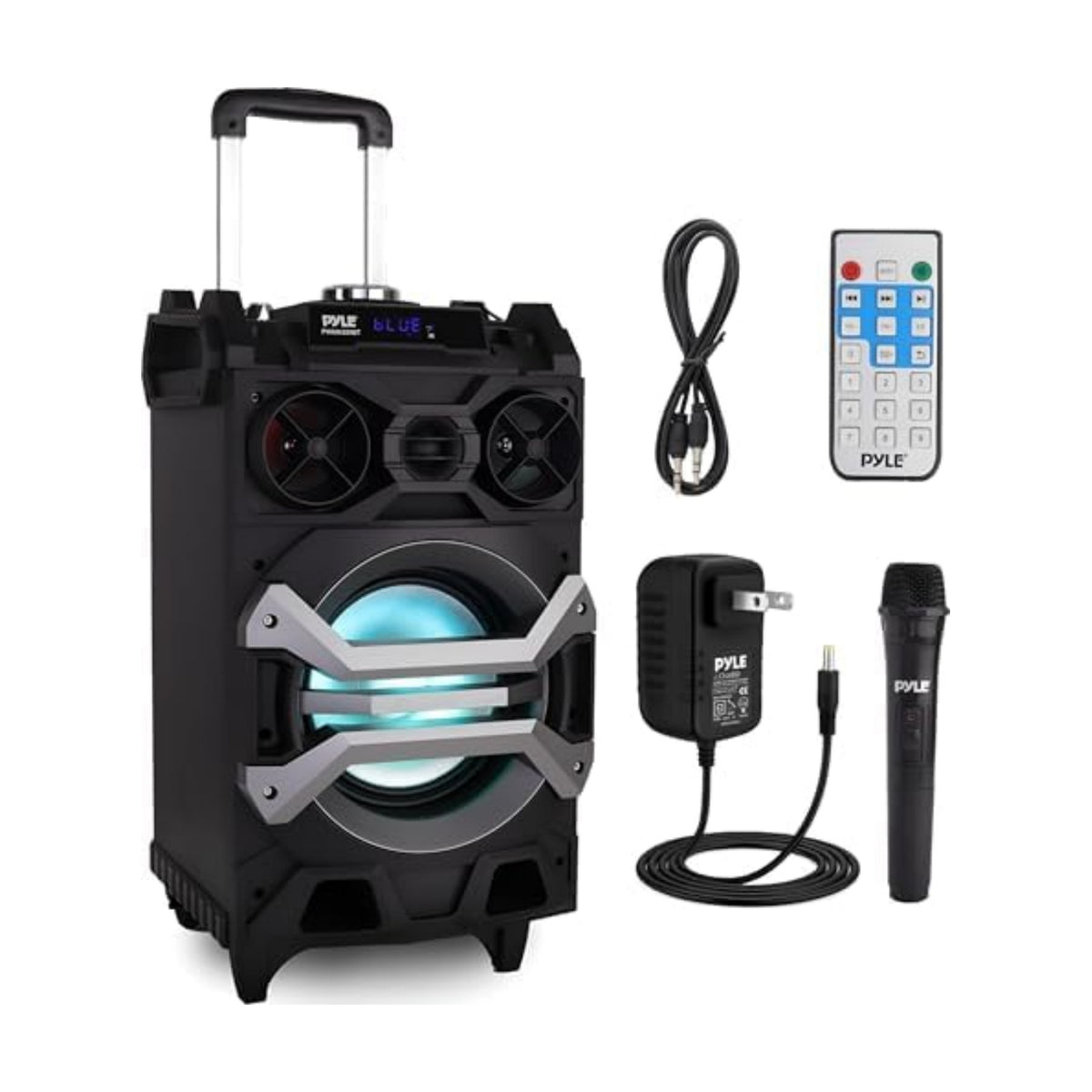 Pyle 500 Watt Portable BT Connectivity Karaoke Speaker System - PA Stereo with 8" Subwoofer, DJ Lights Rechargeable Battery Microphone, Recording Ability, MP3/USB/SD/FM Radio - PWMA325BT