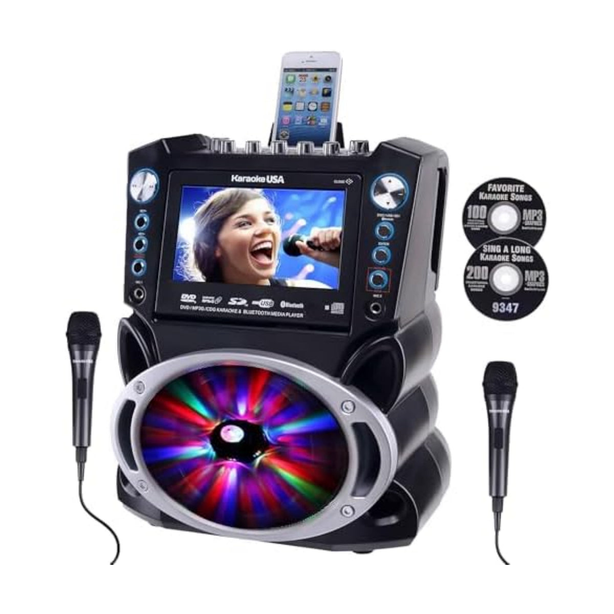 Karaoke Machine with Lyrics Display 7" Screen. CD+G, DVD, MP3+G, MP3, CD & USB. Wireless Bluetooth Speaker with LED Disco Lights. Includes 2 Wired Microphones and 2 Bonus Karaoke Discs By Karaoke USA