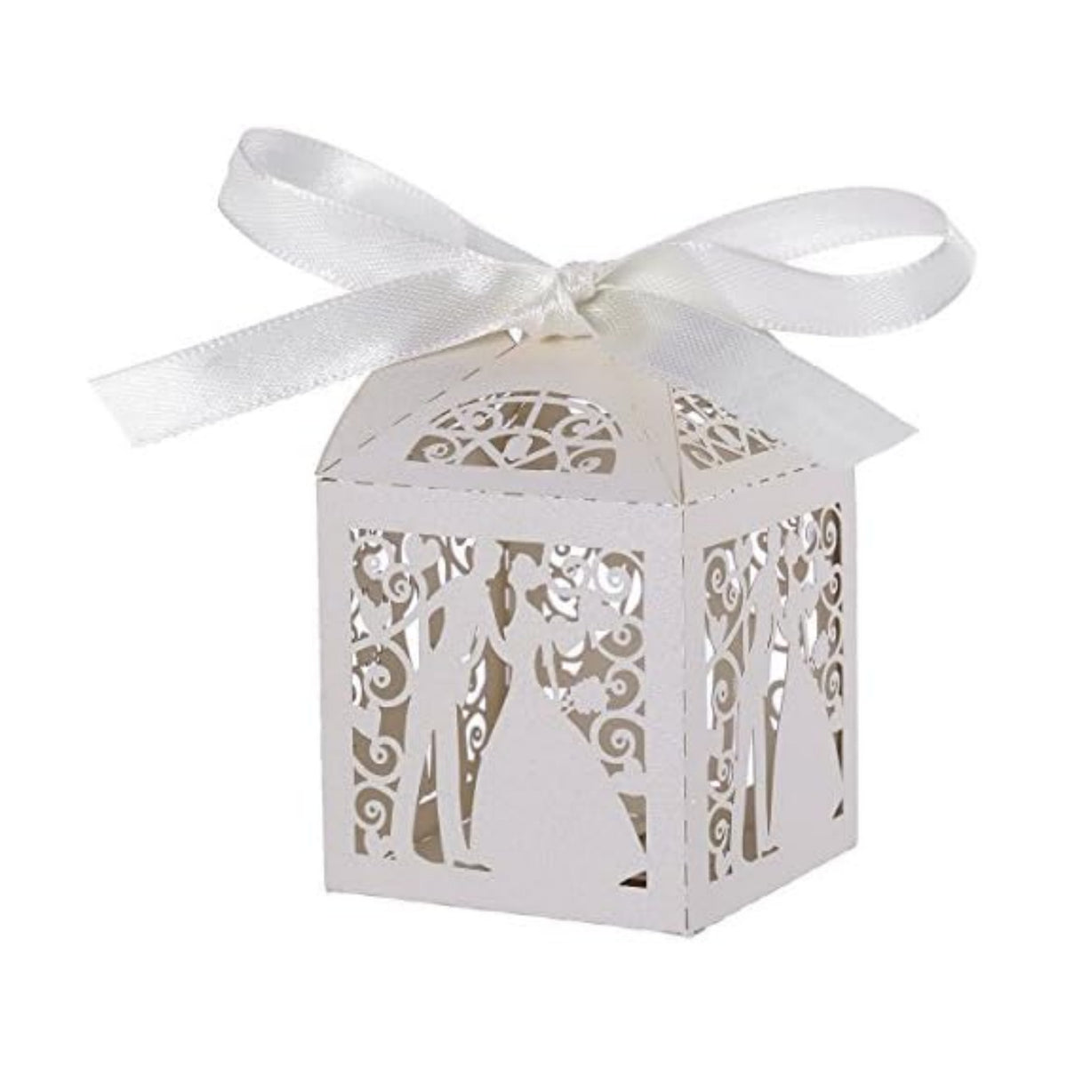 Tinksky 100pcs Wedding Candy Boxes Couple Design Luxury Lase Cut Party Wedding Favor Ribbon Candy Boxes Gift Box Table Decorations (White)