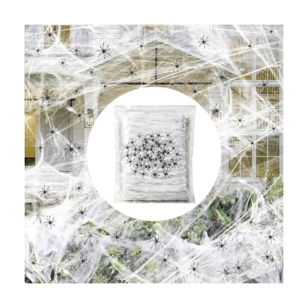 Famoby 1200 sqft Halloween Spider Webs and 50pcs Fake Spiders Super Stretch Cobwebs Party Decorate for Halloween Theme Indoor and Outdoor Decoration