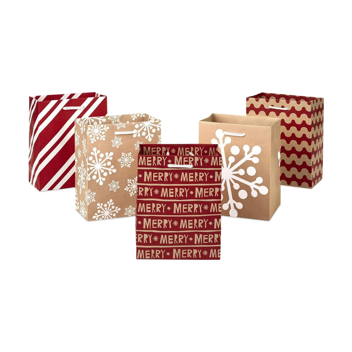 Hallmark 6" Small Holiday Gift Bag Set (Pack of 5; Red, White and Kraft) Snowflakes, Stripes, Merry (5XGB1798)