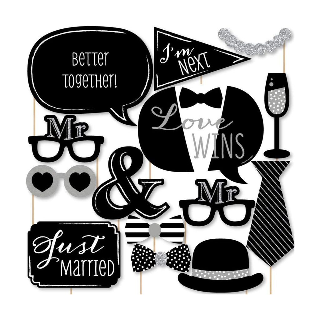 Mr. and Mr. - Silver - Gay Wedding Photo Booth Prop Kit, DIY Props - 20pc